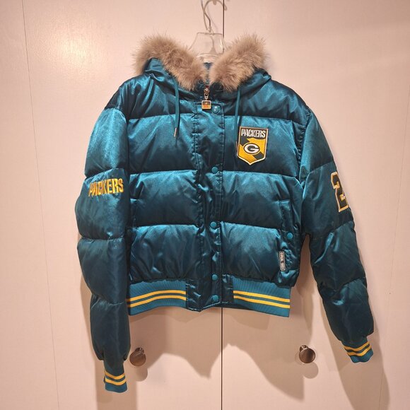 Green Bay Packer's 90s Vintage Fur Trim Hooded Jacket - Picture 2 of 16